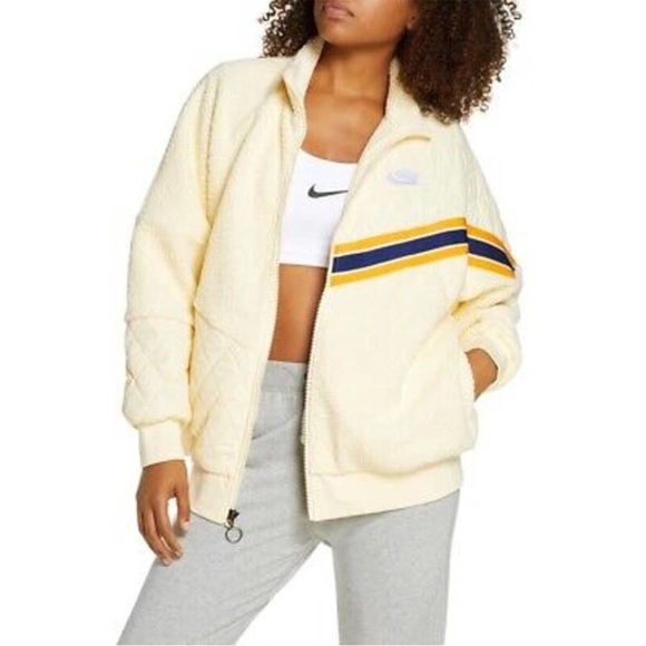 Nike sports cream striped sherpa full zip quilted oversized patchwork jacket - Picture 4 of 6